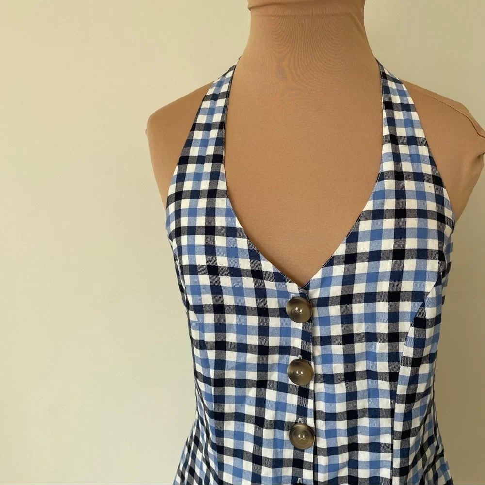 Urban Outfitters Blue Check Cotton Tiffany Button Down Halter Romper NWT Sz S